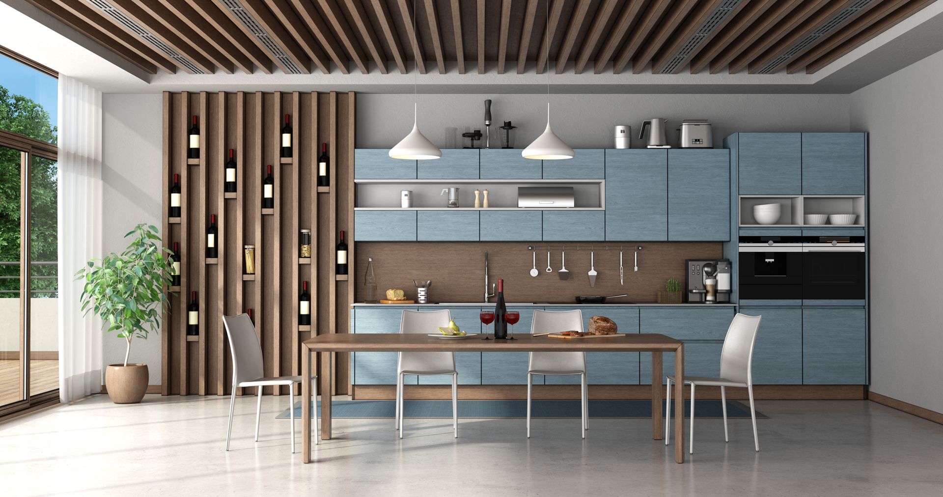 Blueandwoodenkitchenwithdiningtable